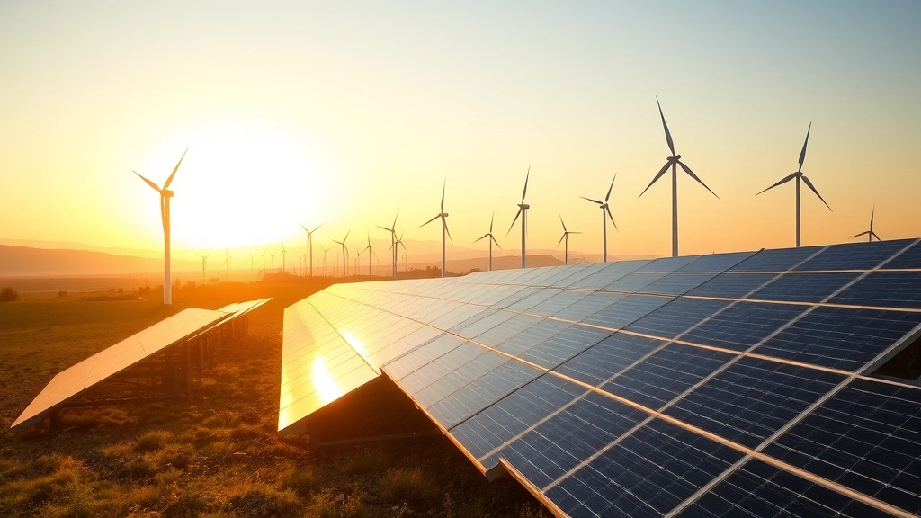 Solar panels and wind turbines in expansive renewable energy farm with natural landscape, golden hour lighting, clean modern technology infrastructure, no text or labels visible