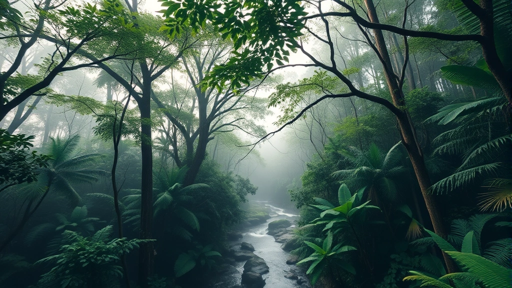 Dense tropical forest canopy with water streams, pristine ecosystem, morning mist, biodiversity focus, no human structures or text visible, emphasizing nature preservation