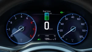 Electric vehicle dashboard display showing real-time energy consumption metrics and efficiency statistics, close-up of digital gauge cluster with battery percentage and miles remaining indicator