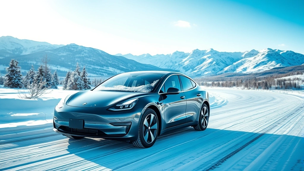 Winter landscape showing electric vehicle on snowy road with mountains in background, demonstrating cold weather driving conditions, battery thermal management system active, frost on windshield