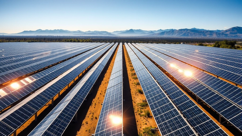 Expansive solar farm with thousands of photovoltaic panels glinting in afternoon sunlight, mountains visible in distant background, clear blue sky, rows of panels stretching to horizon