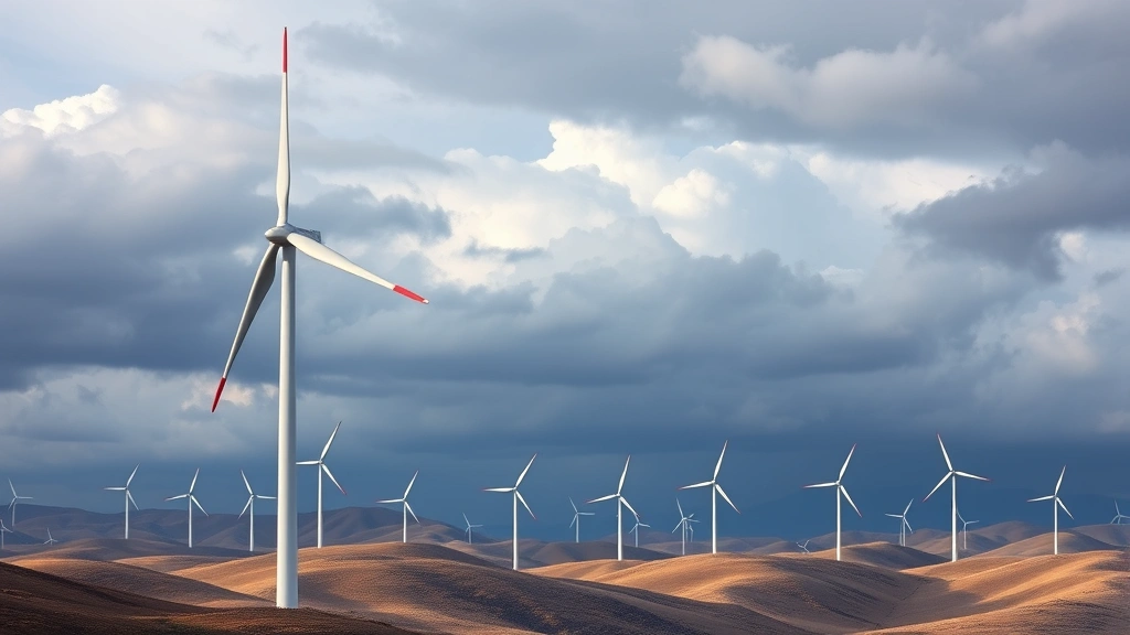 Modern wind turbines rotating against dramatic cloudy sky, multiple turbines visible across rolling hills, landscape showing integration of renewable energy infrastructure in natural terrain