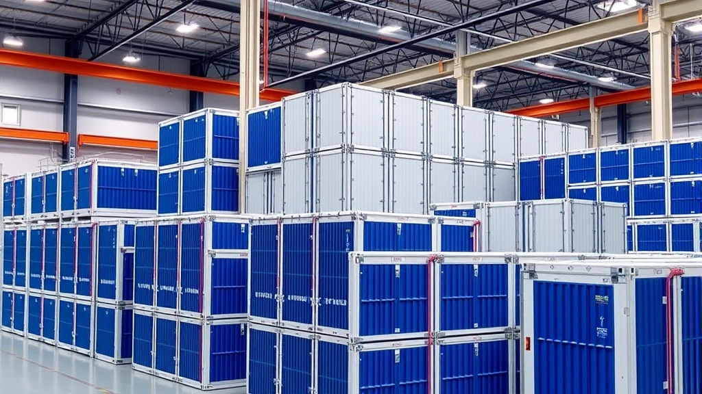 Large-scale battery storage facility with stacked lithium-ion battery modules, industrial warehouse setting, blue and silver battery units organized in rows, representing grid-scale energy storage technology