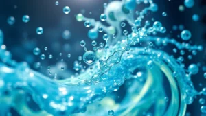 Photorealistic close-up of swirling gas molecules in motion with dynamic blue and green particle trails showing random molecular movement and collisions inside a transparent container, scientific visualization style