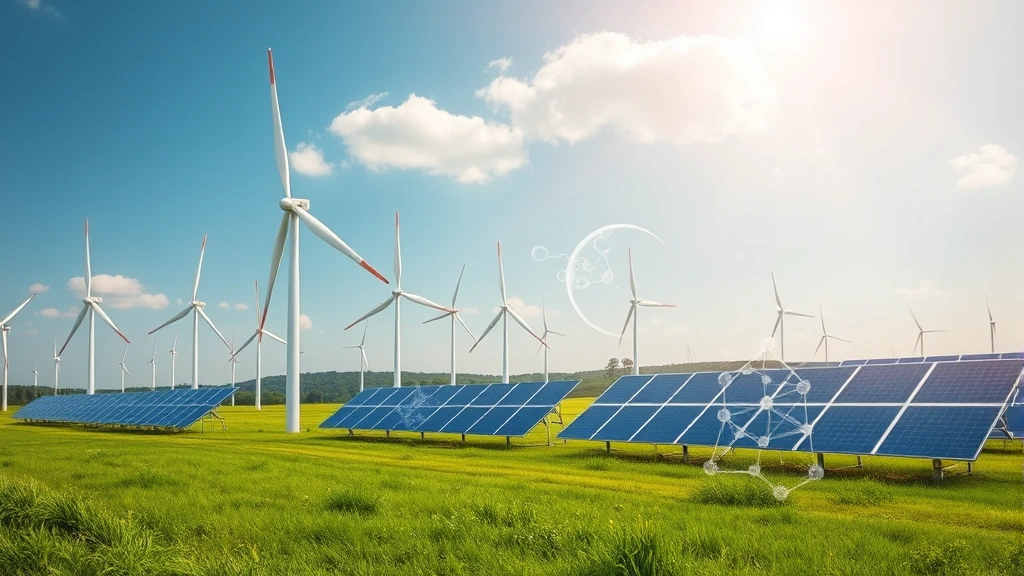 Photorealistic image of wind turbines and solar panels in a green landscape with transparent overlay showing molecular motion patterns and kinetic energy visualization, representing sustainable energy systems