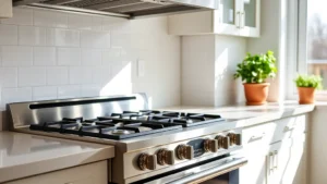 Modern professional KitchenAid stainless steel gas range with sealed burners in bright contemporary kitchen, natural light streaming through windows, potted herbs on counter