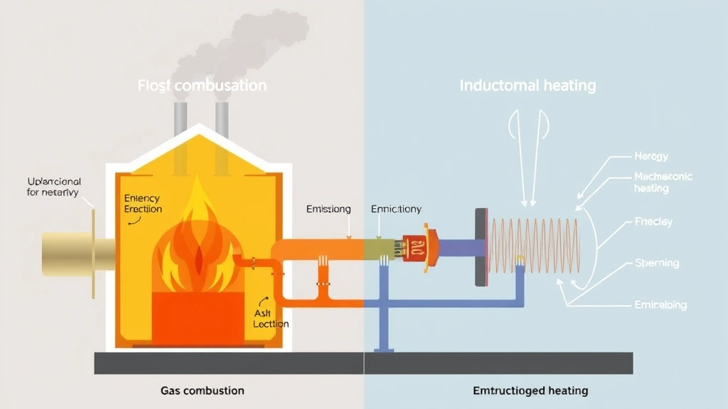 Cutaway diagram-style illustration showing energy flow through gas combustion process versus induction electromagnetic heating, highlighting efficiency differences and emissions