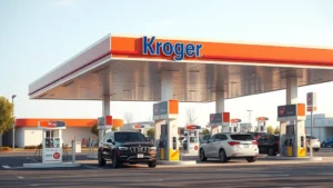 Photorealistic image of a modern Kroger fuel station with multiple fuel pumps, clean pumping area, vehicles refueling, daylight, professional appearance, no text or signage visible
