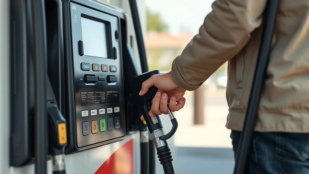 Photorealistic image of a person using a fuel pump at a gas station with payment terminal visible, focused on the fueling nozzle and pump interface, clean environment, natural daylight