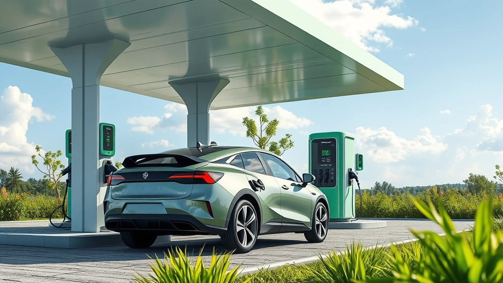 Photorealistic image of an electric vehicle charging at a modern sustainable fuel station, green energy theme, contemporary charging infrastructure, natural surroundings, eco-friendly aesthetic