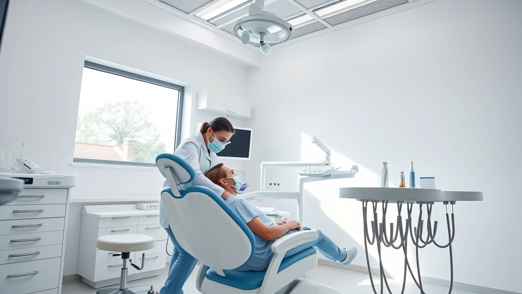Modern dental operatory with patient in chair, dentist and hygienist in masks attending to patient, bright LED overhead lights, minimalist white and blue color scheme, no visible signage or text, natural daylight from window, professional medical environment