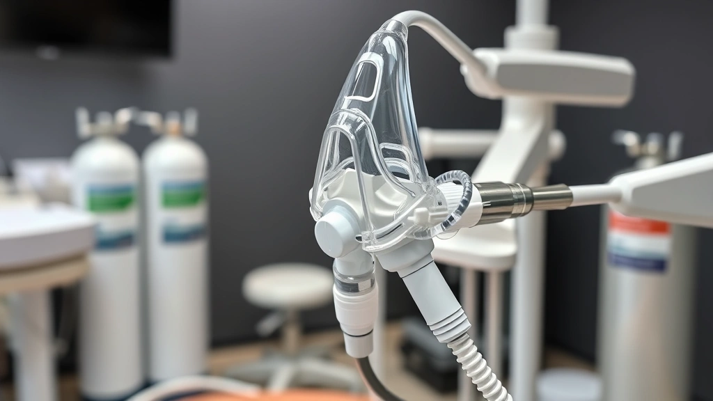 Close-up of dental sedation delivery equipment including nasal mask and tubing, stainless steel dental chair components, oxygen and gas cylinders in background, modern clinical setting, sharp focus on delivery mechanisms, professional healthcare atmosphere