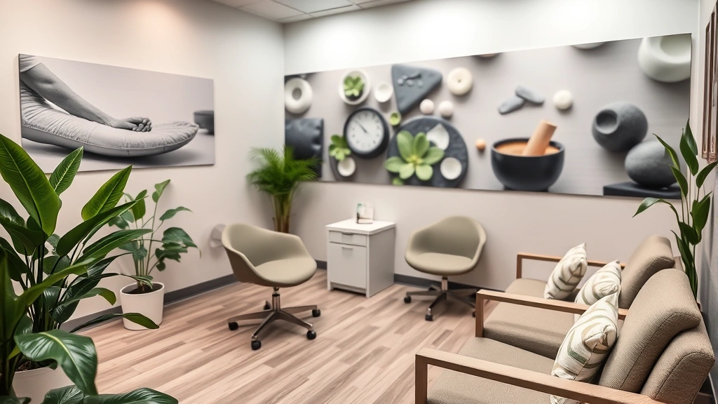 Dental office waiting room with comfortable seating, calming green plants, soft lighting, relaxation imagery on walls (blurred, no readable text), comfortable patient environment designed to reduce anxiety, welcoming healthcare space with natural elements