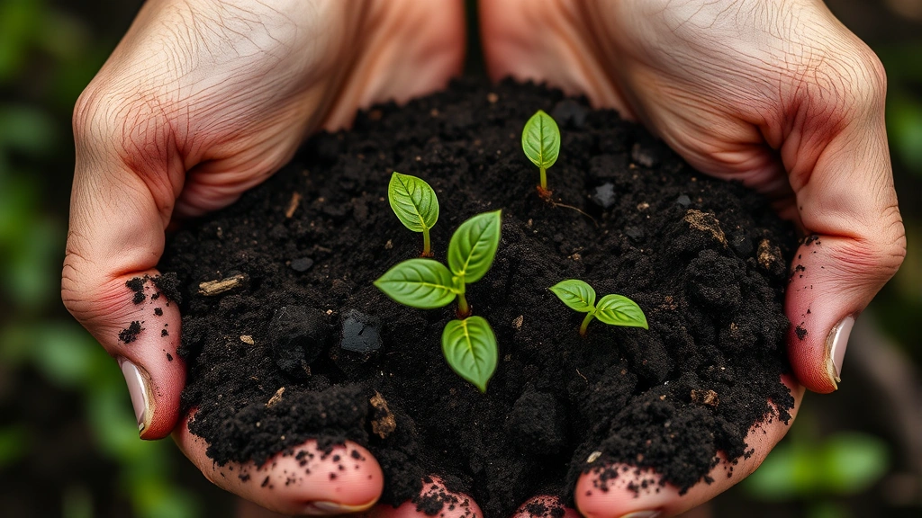 Close-up of hands holding dark soil with green plant shoots emerging, representing healthy regenerative agriculture and organic farming practices that reduce synthetic fertilizer inputs and nitrous oxide emissions