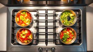 Overhead view of a modern stainless steel gas stovetop with four burners actively cooking fresh vegetables in stainless steel pans, bright kitchen lighting, focus on flame efficiency and cookware