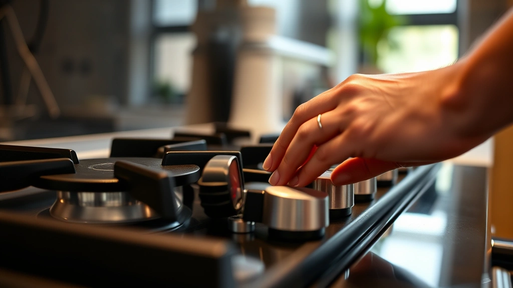 Close-up of hands adjusting burner controls on a contemporary gas stove, showing precise temperature adjustment dial, professional kitchen setting with natural window light