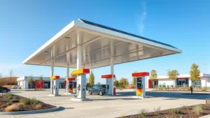 Modern eco-friendly gas station with solar panels on canopy, electric vehicle charging stations visible, landscaping with native plants, clean facility design during daytime
