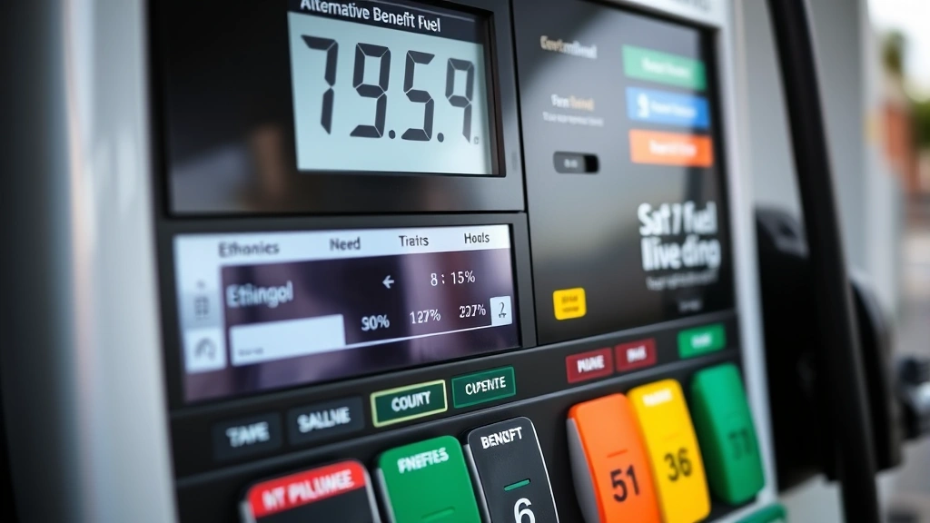 Close-up of alternative fuel pump display showing ethanol blend options and renewable fuel percentages, digital screen showing environmental benefits, professional station setting