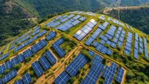 Aerial view of solar panel arrays covering hillside with green vegetation, photorealistic, natural sunlight, sustainable energy infrastructure landscape