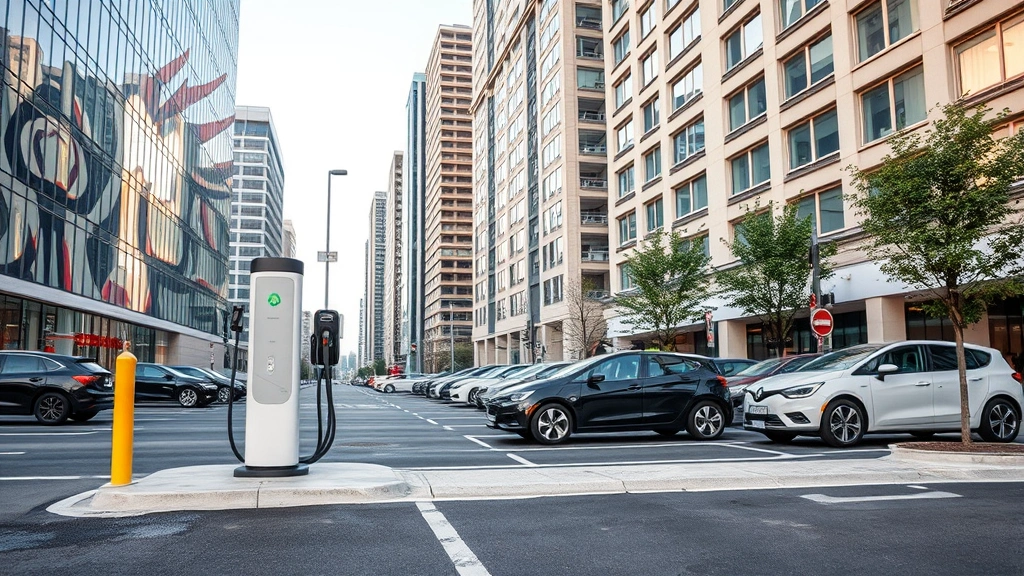 Electric vehicle charging station in urban parking area with modern city buildings, daytime, photorealistic, clean technology environment
