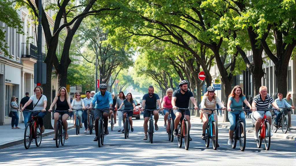 Diverse group of cyclists and pedestrians on tree-lined city street, vibrant urban neighborhood, photorealistic daylight, sustainable transportation community