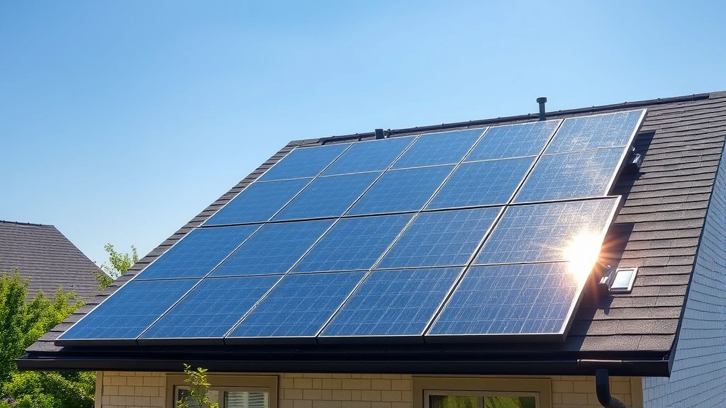 Modern residential solar panels installed on a home rooftop in suburban Kentucky, morning sunlight reflecting off panels, green landscaping visible below, clear blue sky, photorealistic