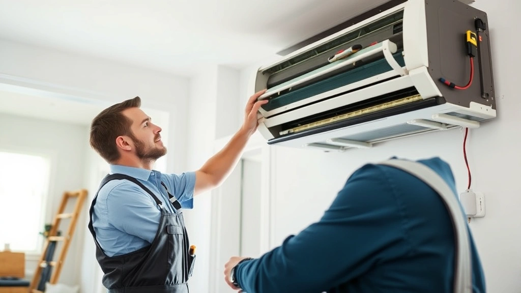 Professional HVAC technician installing an energy-efficient heat pump system in a residential home interior, tools and equipment visible, modern home setting, natural lighting through windows