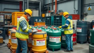 Hazardous waste recycling facility with workers in safety gear handling clearly labeled fuel containers, industrial setting with proper storage systems and environmental compliance signage visible