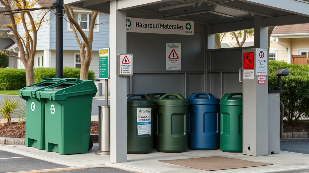 Residential recycling drop-off station with designated hazardous materials area, metal fuel cans properly stored in secure containment unit, calm suburban community center environment