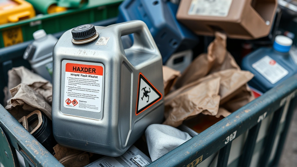 Close-up of properly sealed metal fuel container with hazard label, sitting on eco-friendly recycling cart surrounded by other hazardous waste materials ready for processing