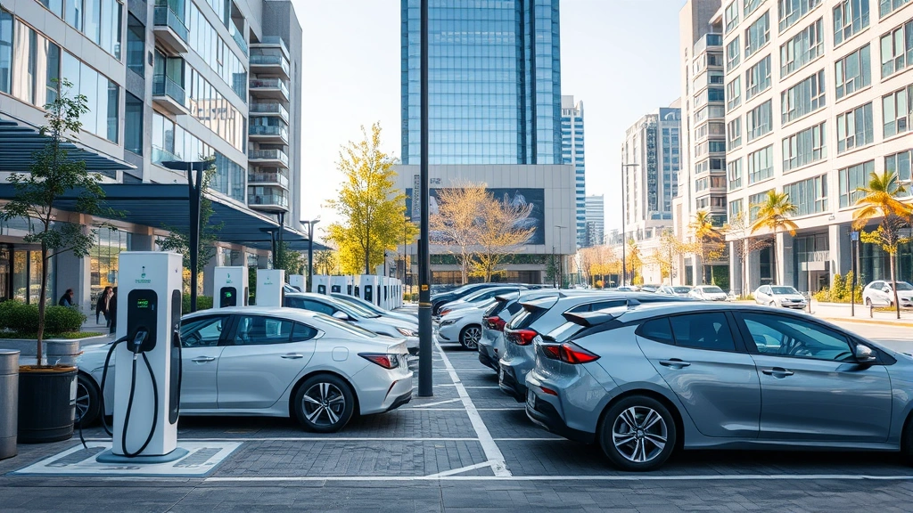 Electric vehicle charging station at modern urban plaza with multiple cars queuing, natural daylight, sustainable city infrastructure, realistic photography, no signage visible