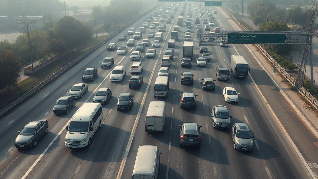 Aerial view of congested highway with dozens of vehicles in heavy traffic, showing emissions haze, daytime, photorealistic, environmental impact visualization