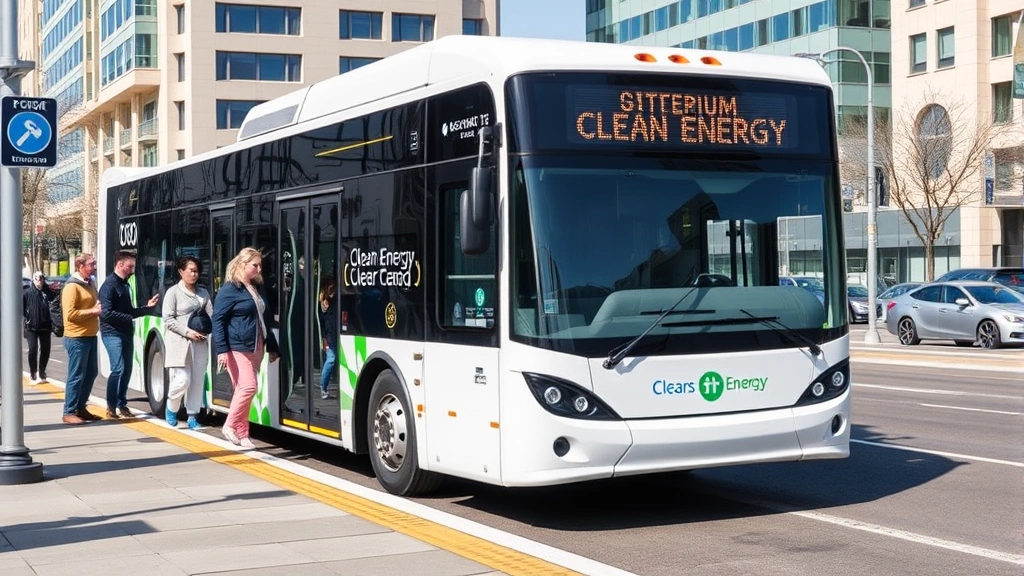 Modern electric bus at city transit station with passengers boarding, clean energy transportation, urban setting, realistic daylight photography, no text or labels visible