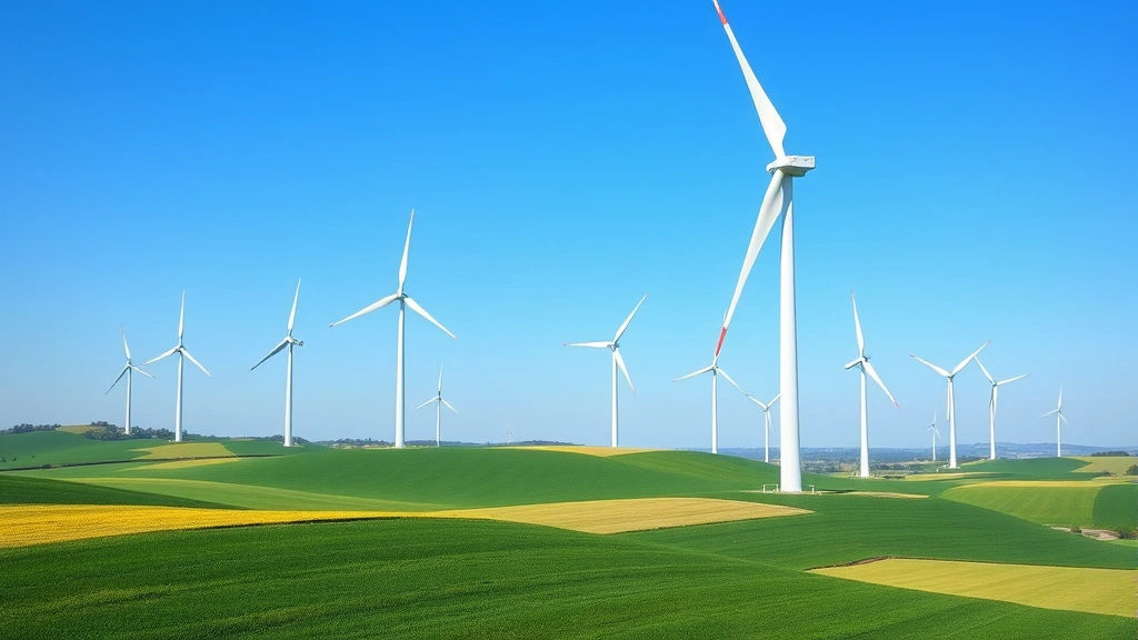 Photorealistic wind turbines rotating against blue sky with green fields below, clean energy generation landscape, no signage or text visible