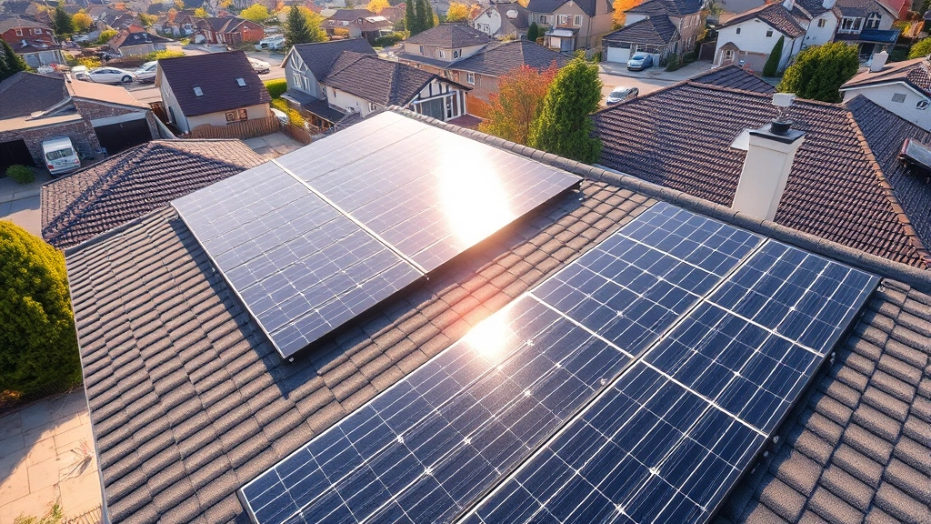 Solar panels installed on residential rooftop with morning sunlight, distributed renewable energy, suburban neighborhood background, no labels or markings