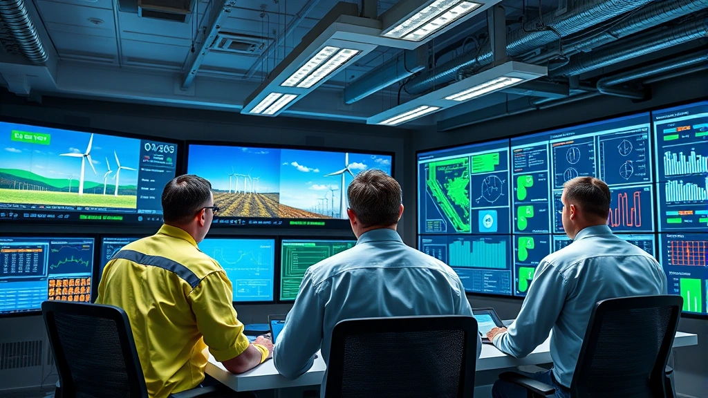 Modern smart grid control room with technicians monitoring renewable energy integration, digital displays showing power flows, clean technology infrastructure, no visible text or labels