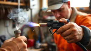 Professional plumber using silver MAPP gas torch to solder copper pipe joints indoors with proper ventilation, close-up of flame and solder connection, workshop setting with tools