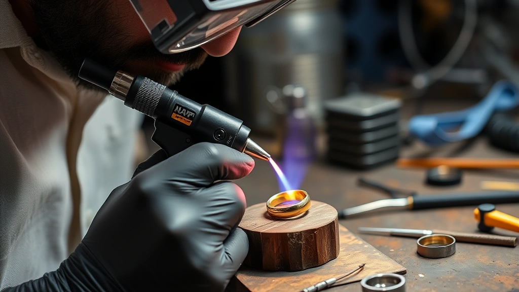 Jeweler using handheld MAPP gas torch on delicate gold ring at workbench with protective equipment, precise flame control during soldering, studio lighting on metalwork