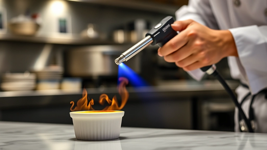 Chef using MAPP gas torch to caramelize crème brûlée dessert in professional kitchen, torch flame creating golden caramelized surface on custard, restaurant kitchen background