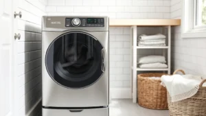 Modern stainless steel Maytag gas dryer in a bright contemporary laundry room with white subway tile walls, natural light from window, folded clothes basket nearby, no text or labels visible