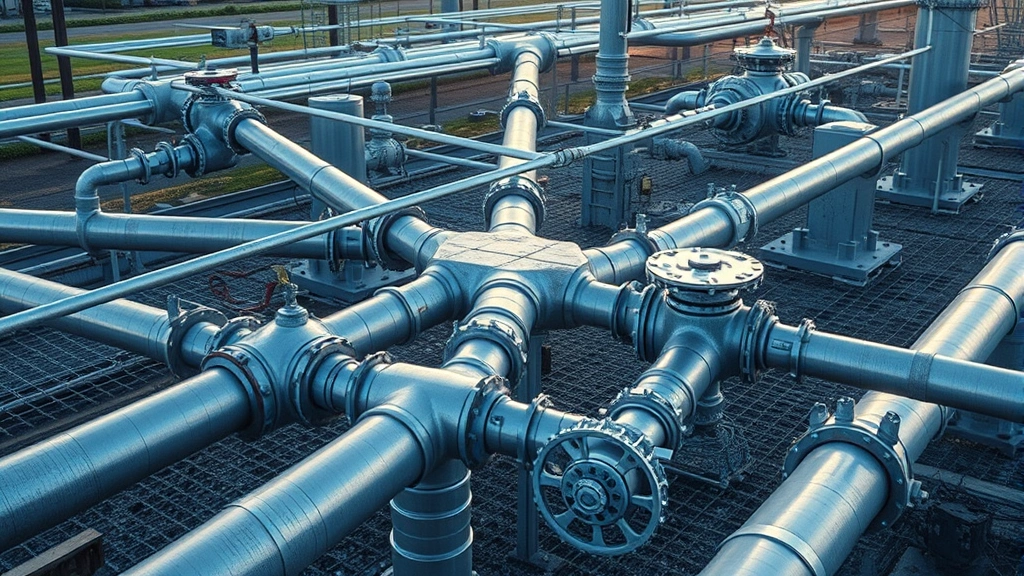 Aerial view of a natural gas supply pipeline intersection with industrial infrastructure, showing metal pipes and valves in an outdoor utility setting, photorealistic industrial landscape