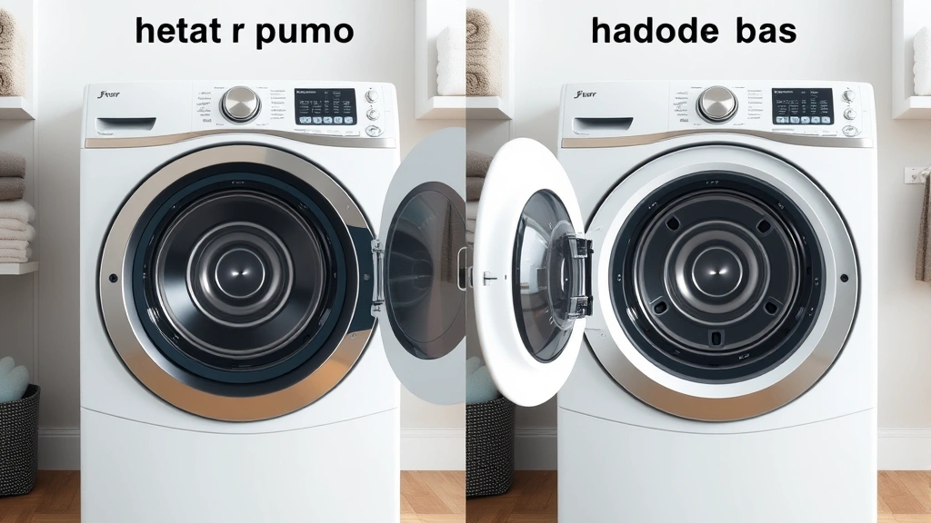 Comparison split-screen showing heat pump dryer on left side and traditional gas dryer on right side in identical laundry room settings, both showing interior drum mechanisms, clean professional product photography style