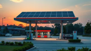 Modern gas station forecourt at sunset with solar panels on canopy, electric vehicle charging stations visible, lush green landscaping, photorealistic clean aesthetic, no signage or text visible