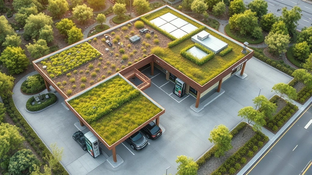 Aerial view of sustainable fuel retail complex with green roofs, rainwater collection systems, native plants, electric vehicle charging bays, natural lighting, environmental responsibility evident in design