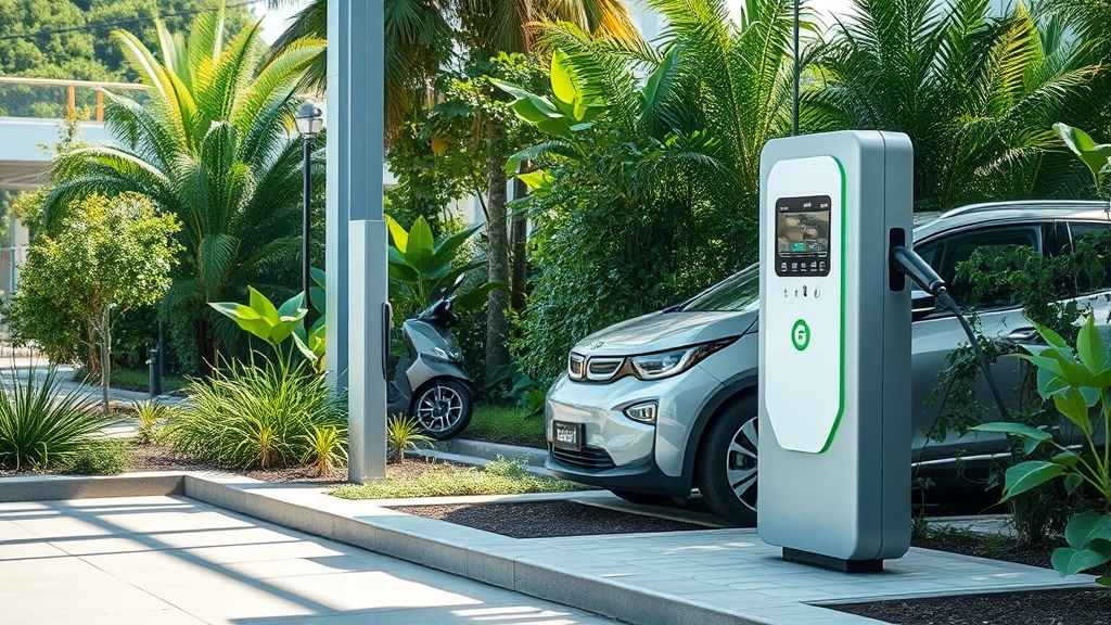 Electric vehicle charging station with EV plugged in, surrounded by green vegetation and sustainable infrastructure, clean modern design, natural lighting