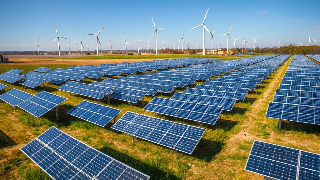 Aerial view of renewable energy solar panels in a field with wind turbines in background, representing sustainable energy alternatives to gasoline