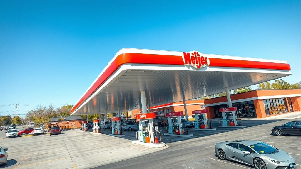 Overhead view of a busy Meijer gas station with multiple fuel pumps, clear blue sky, cars refueling during daytime, modern station infrastructure visible, photorealistic lighting