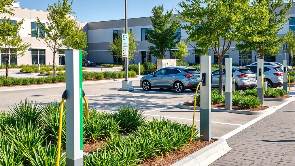 Electric vehicle charging stations in a modern parking lot with green landscaping, sunny environment, sleek charging posts, parked EVs visible, sustainable infrastructure design