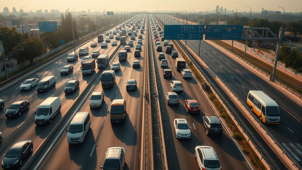 Aerial view of a congested highway with multiple vehicles during rush hour, showing traffic patterns and fuel consumption reality, photorealistic perspective, natural lighting