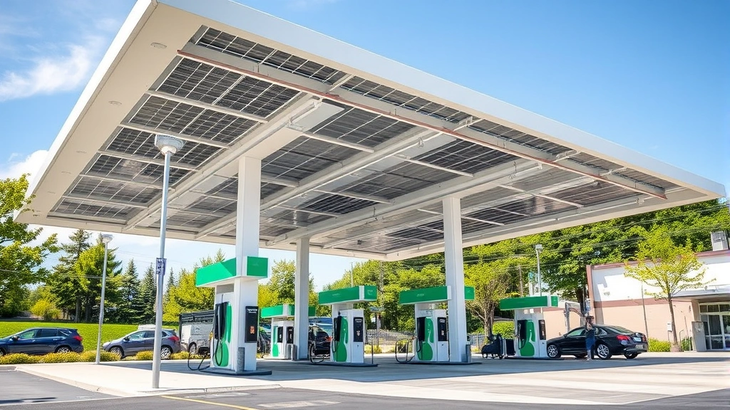 Modern gas station with solar canopy panels, LED lighting, and electric vehicle charging stations at pump area, clean green environment, daytime sunshine